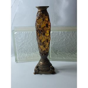 Stunning Vintage Candle Holder Amber with Gold Over Lay or Relief Design